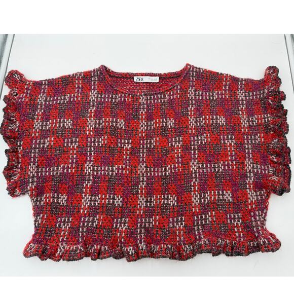 Zara Tops - Zara Women's Warm Shirt Top Metallic tweed Knit Ruffles Short Sleeve LARGE